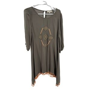 Umgee S Boho Olive Tunic mini dress Embroidery fringe tassels coverup oversized